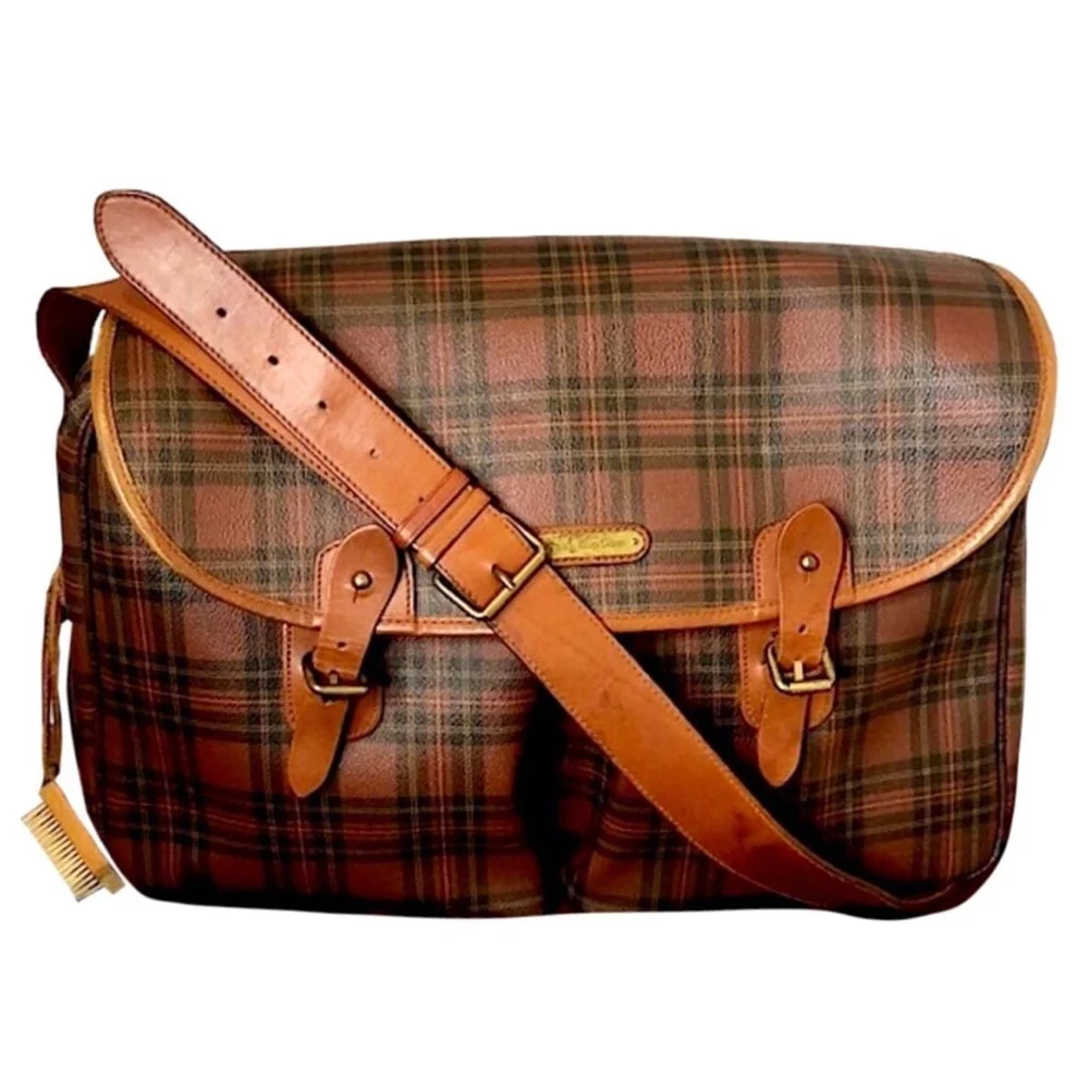 RALPH LAUREN Brown Green Tartan Plaid Crossbody Messenger Laptop Briefcase Bag